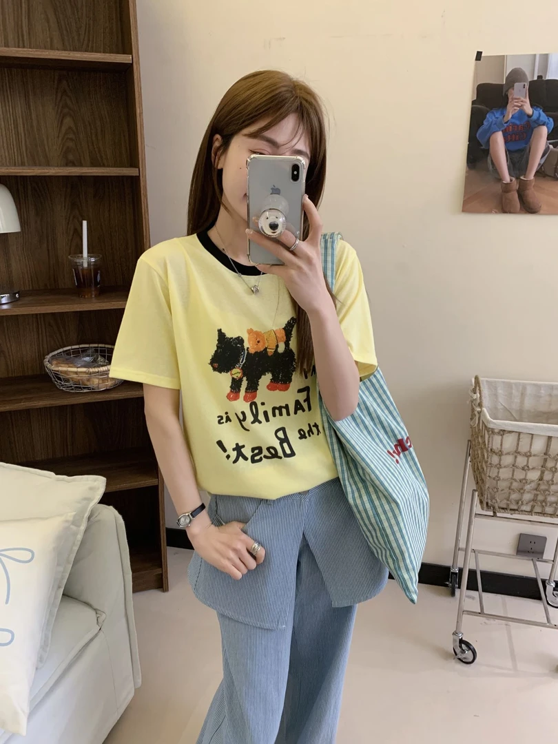 撞色领子小狗印花短袖T恤显瘦时尚休闲夏季755