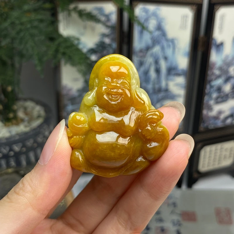 鸡油黄翡布袋佛吊坠挂件 天然翡翠A货