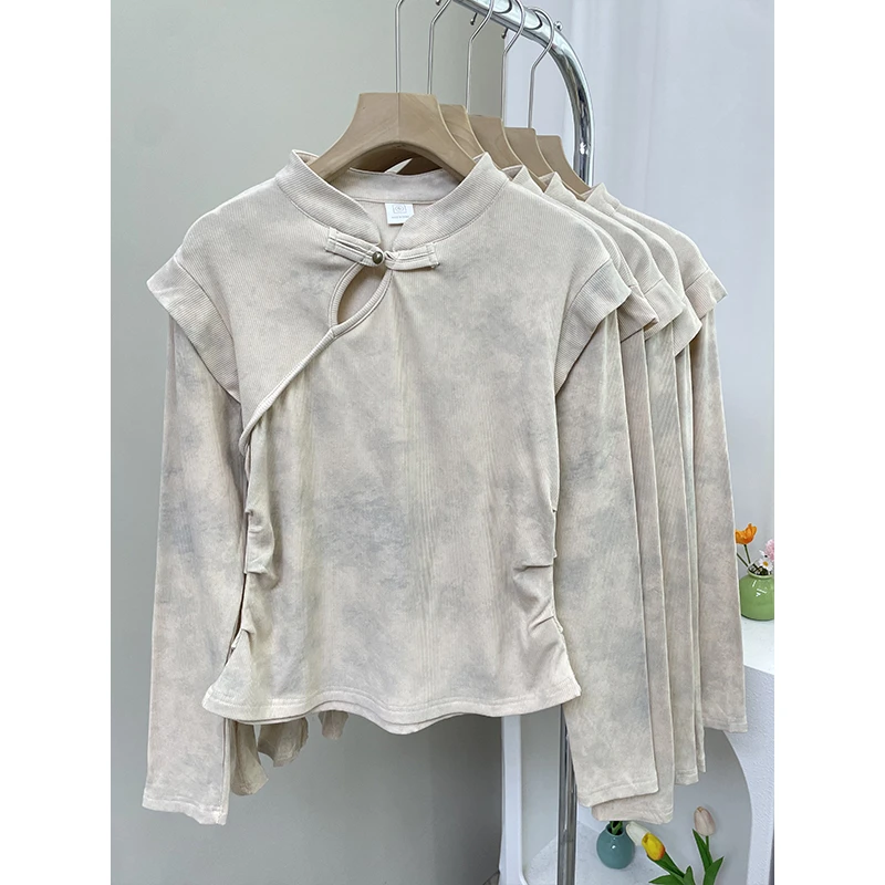 大码200斤秋冬复古国风盘扣扎染正肩长袖T恤女百搭显瘦修身上衣潮