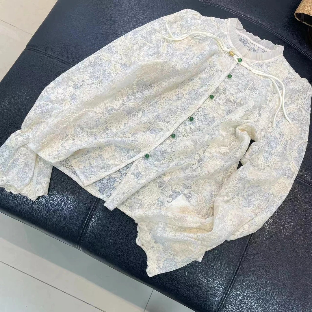 CS055春装新款很透刺绣布立领长袖国风衬衫女士