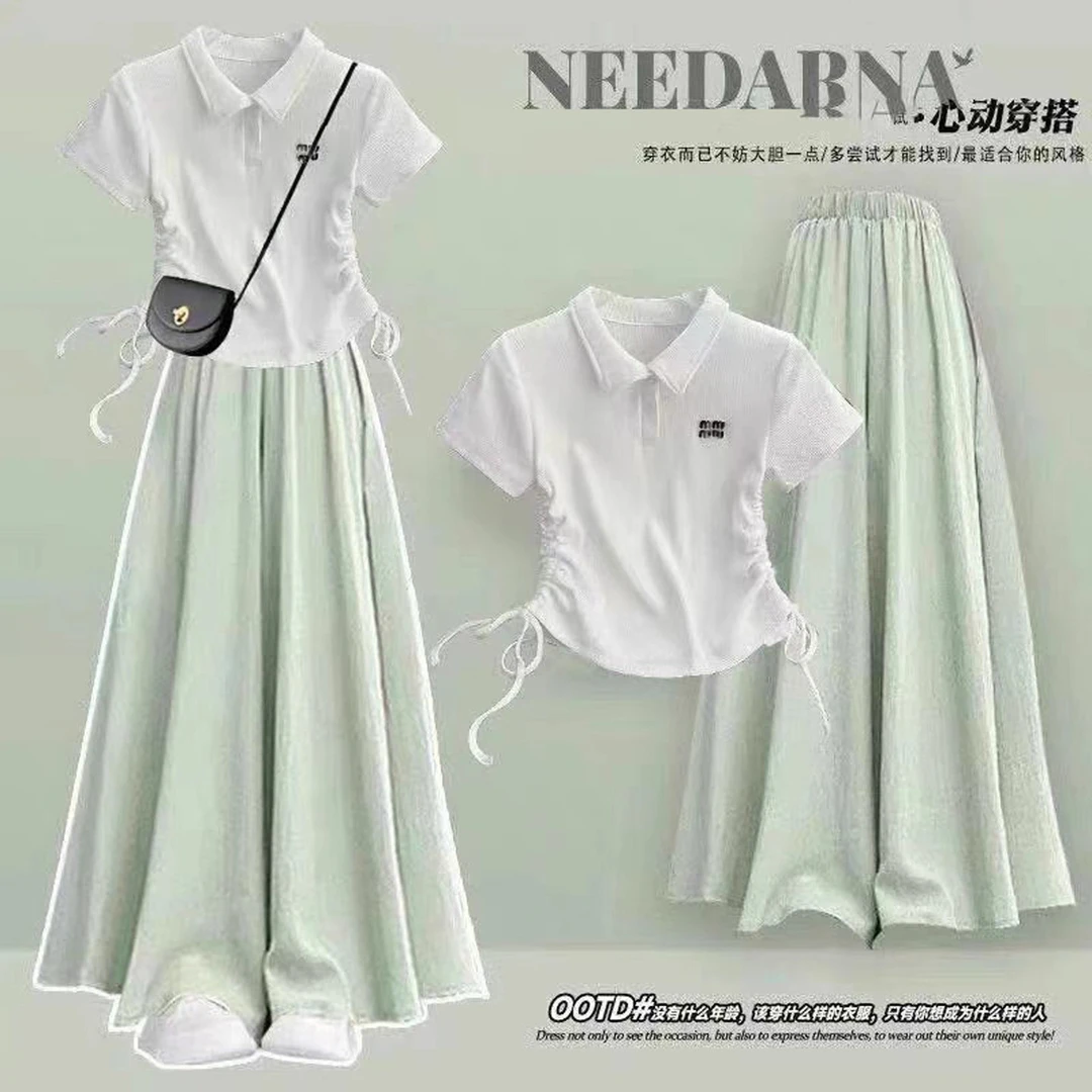 女大童初高中生夏季套装polo领短袖T恤阔腿裙裤少女风穿搭一整套