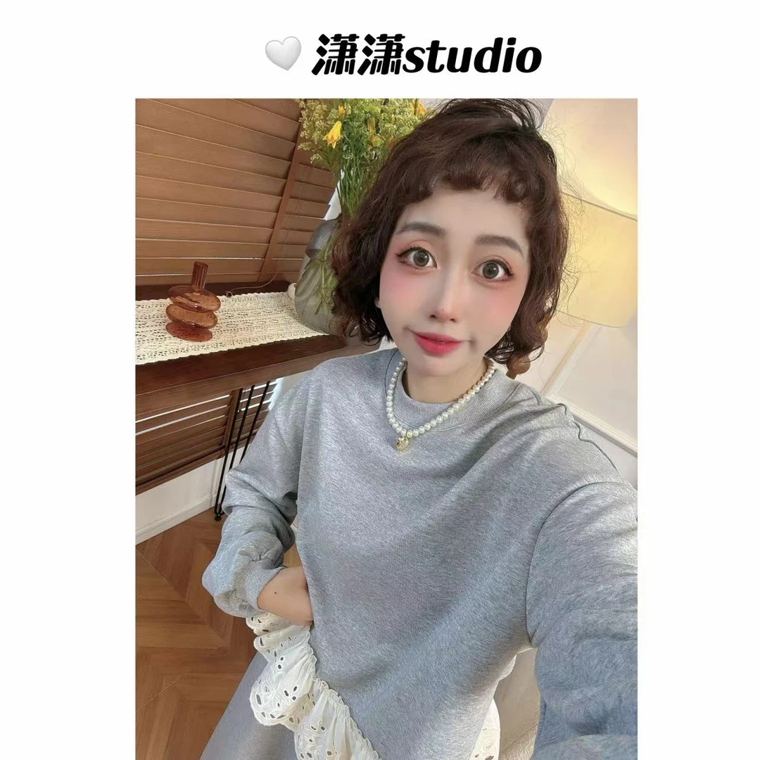 【花边卫衣】潇潇自制下摆镂空刺绣花边泡泡袖圆领卫衣XS2349