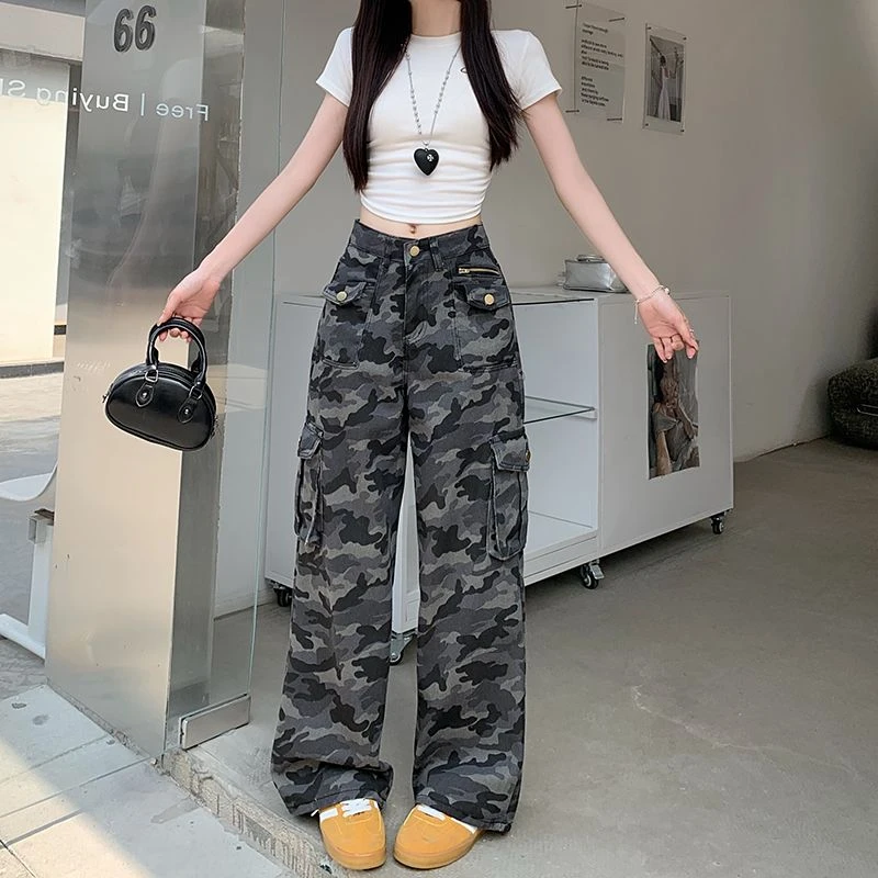 美式高街工装迷彩牛仔裤女新款高腰宽松显瘦阔腿拖地裤