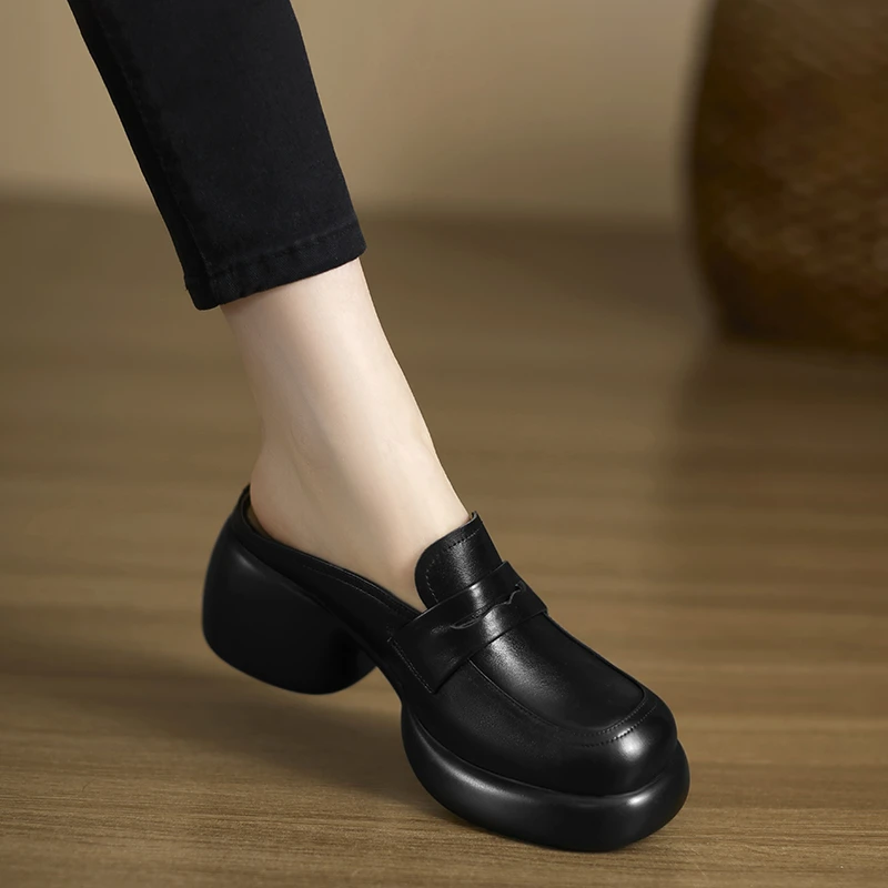 修悦女鞋 6.5cm不累脚厚底包头半拖鞋女外穿穆勒鞋黑色凉拖鞋高跟