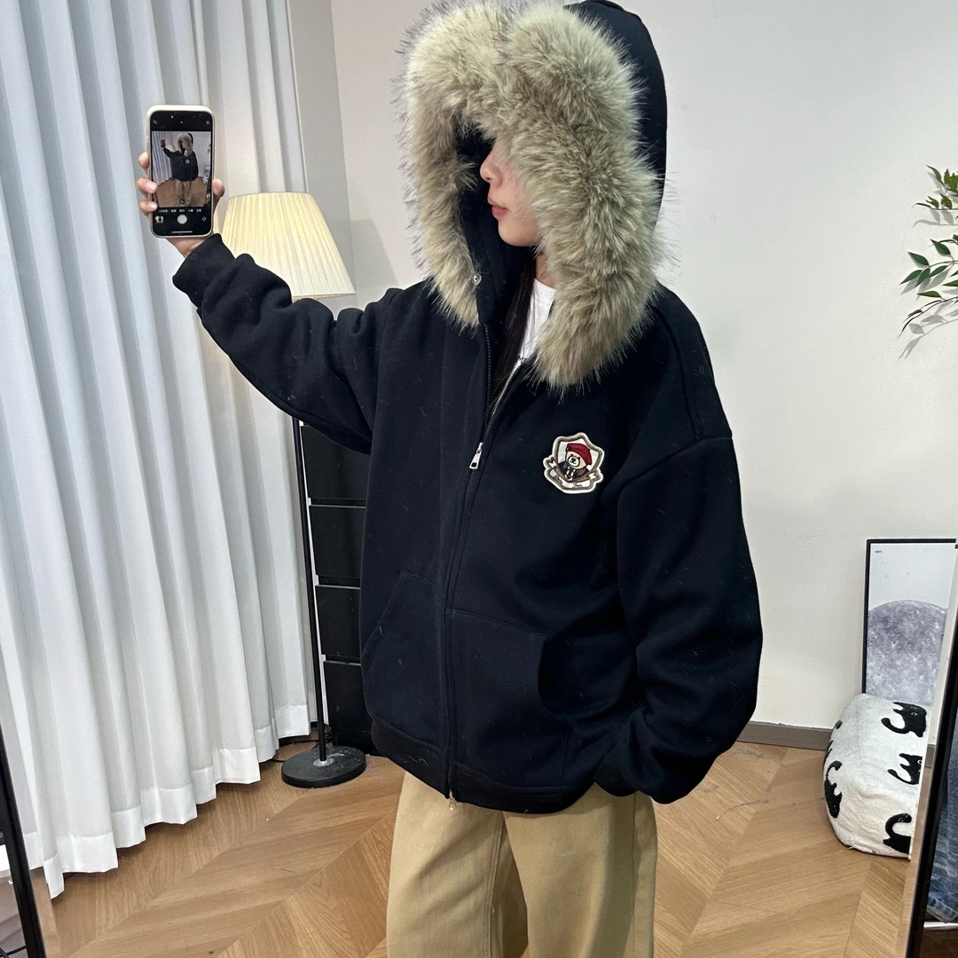 9624加绒韩系小熊猫耳朵大毛领加绒卫衣外套