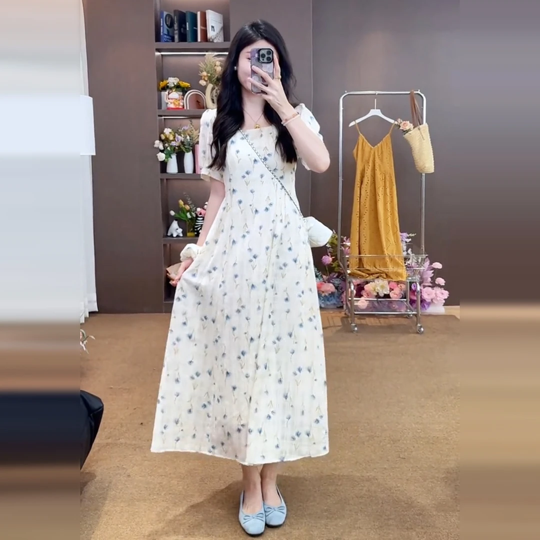法式气质高级感巨好看方领碎花连衣裙子女装夏季2025新款白色长裙