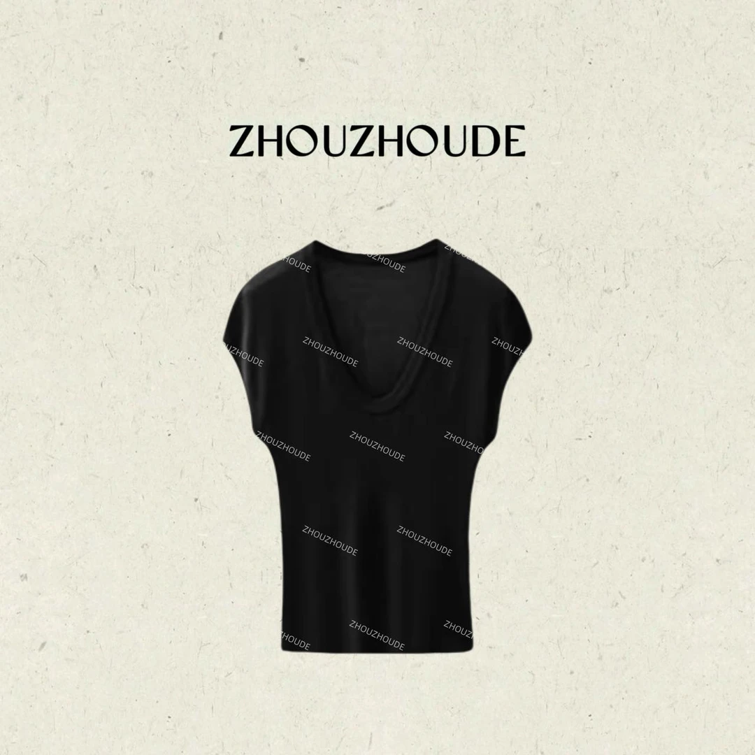 ZHOUZHOUDE【软调T】显瘦气质百搭深uv领慵懒风高弹力短袖T恤