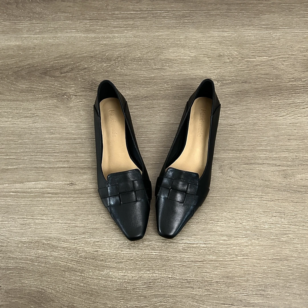 Dannyfrey极简风气质感女复古尖头通勤女低跟编织一脚蹬浅口单鞋