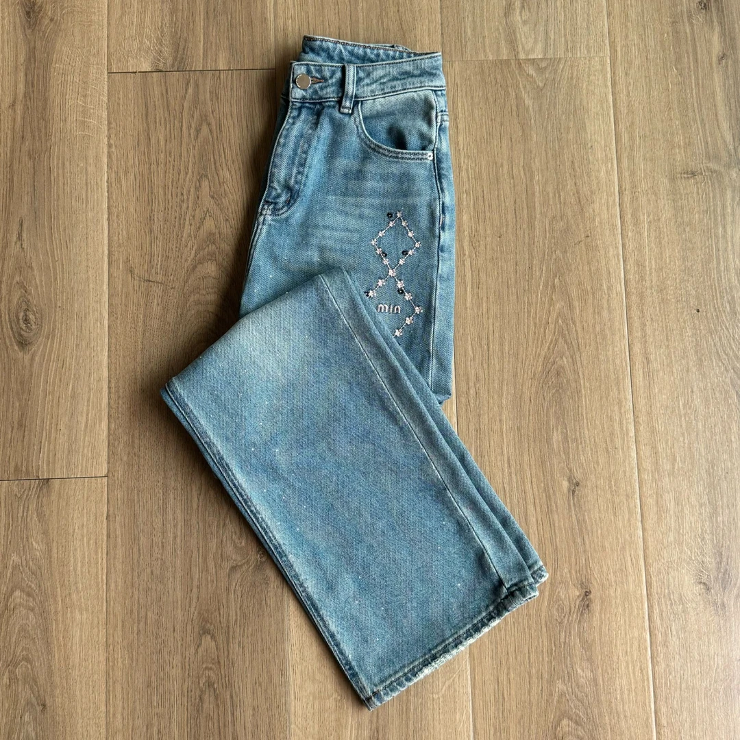 5022蓝色刺绣钉珠宽松直筒牛仔裤