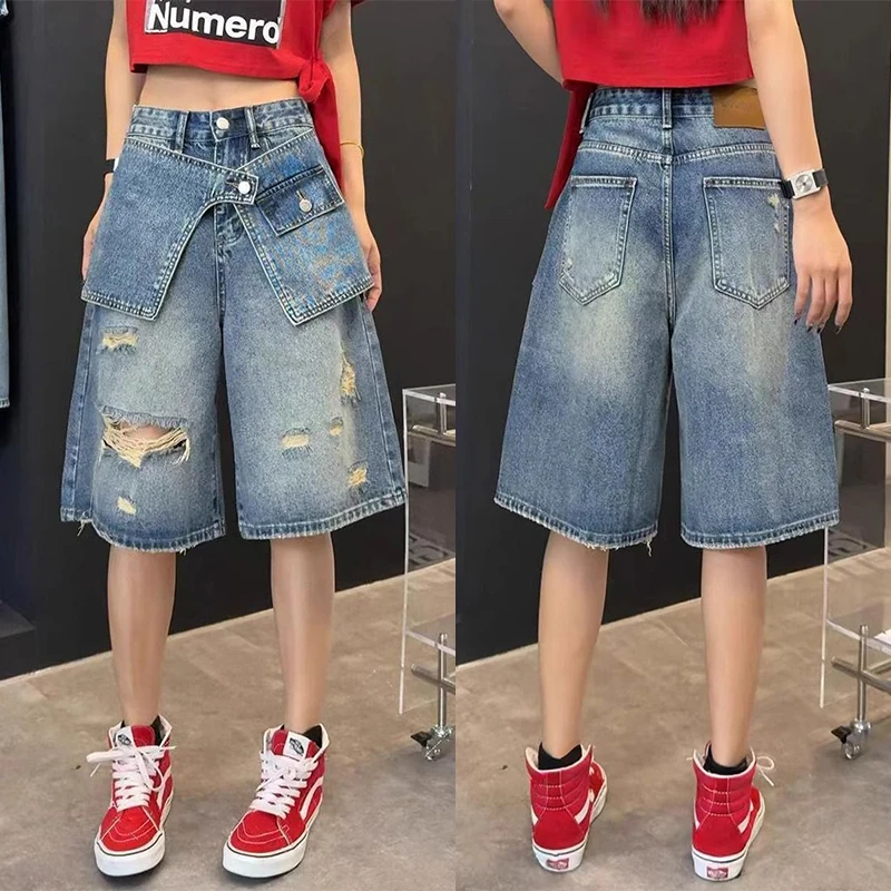 马鞍设计款大码水洗薄款五分裤夏季韩版高腰破洞显瘦百搭牛仔短裤