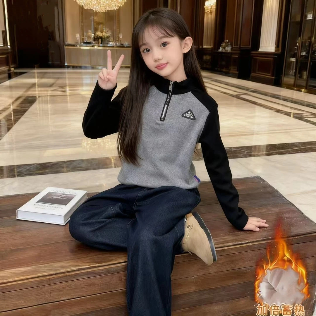 女童打底衫秋冬2025新款大儿童长袖t恤加绒加厚冬季小孩内搭上衣