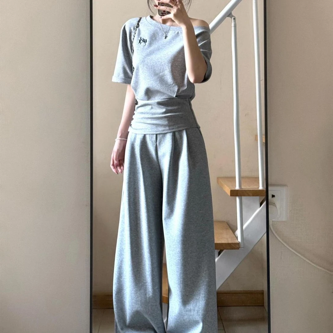 休闲运动套装女夏季款收腰斜肩上衣高腰阔腿裤两件套显瘦时尚灰色