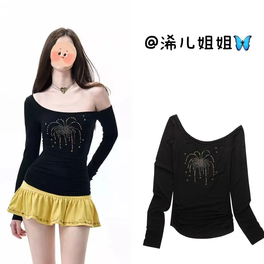 （浠儿姐姐）美式复古y2k斜肩上衣烫铜珠设计感甜酷辣妹修身长袖T恤