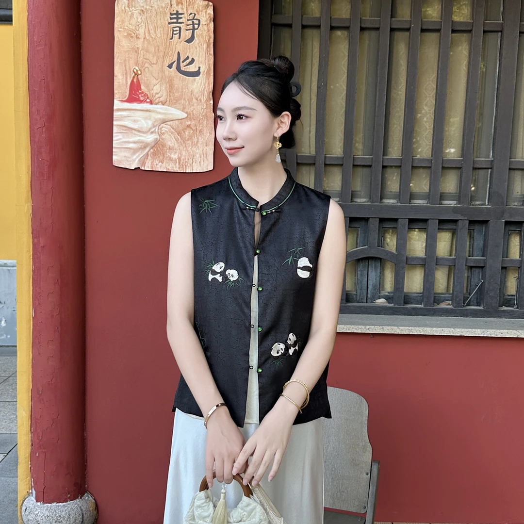 【熊猫抱竹】两面穿新中式复古中国风绣花气质时尚刺绣女无袖马夹