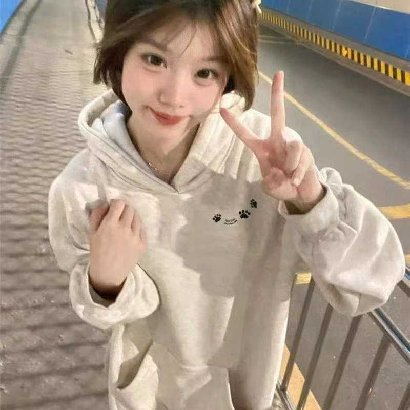 银狐绒猫咪脚印印花连帽卫衣女2025秋冬季宽松显瘦百搭休闲上衣