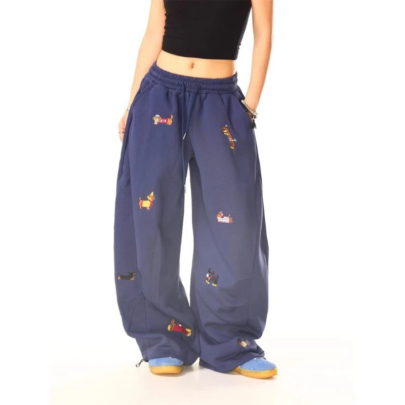 美式卡通腊肠狗刺绣休闲裤男女早秋宽松百搭长裤设计感百搭卫裤潮