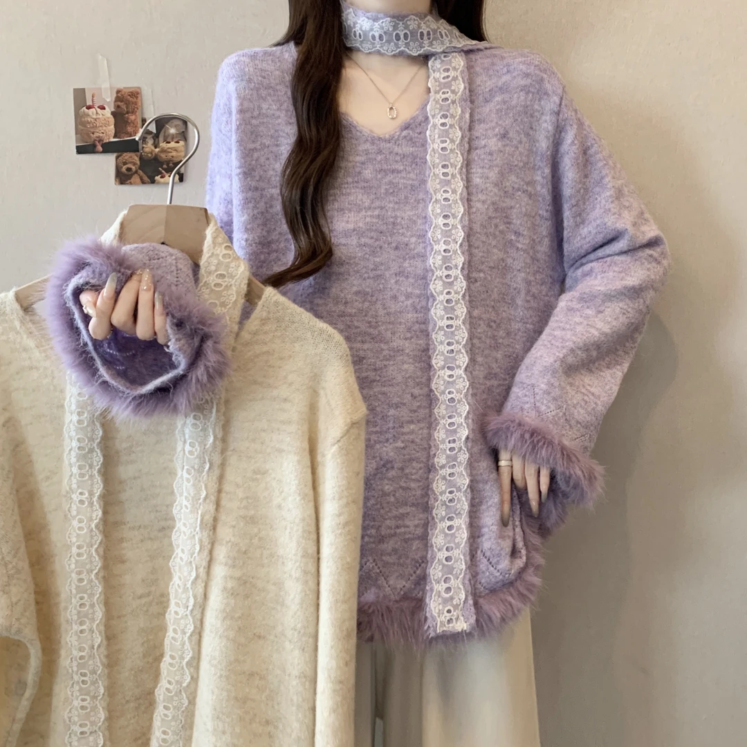 大码2025秋冬新款胖mm设计感蕾丝拼接V领长袖减龄百搭毛衣女显瘦