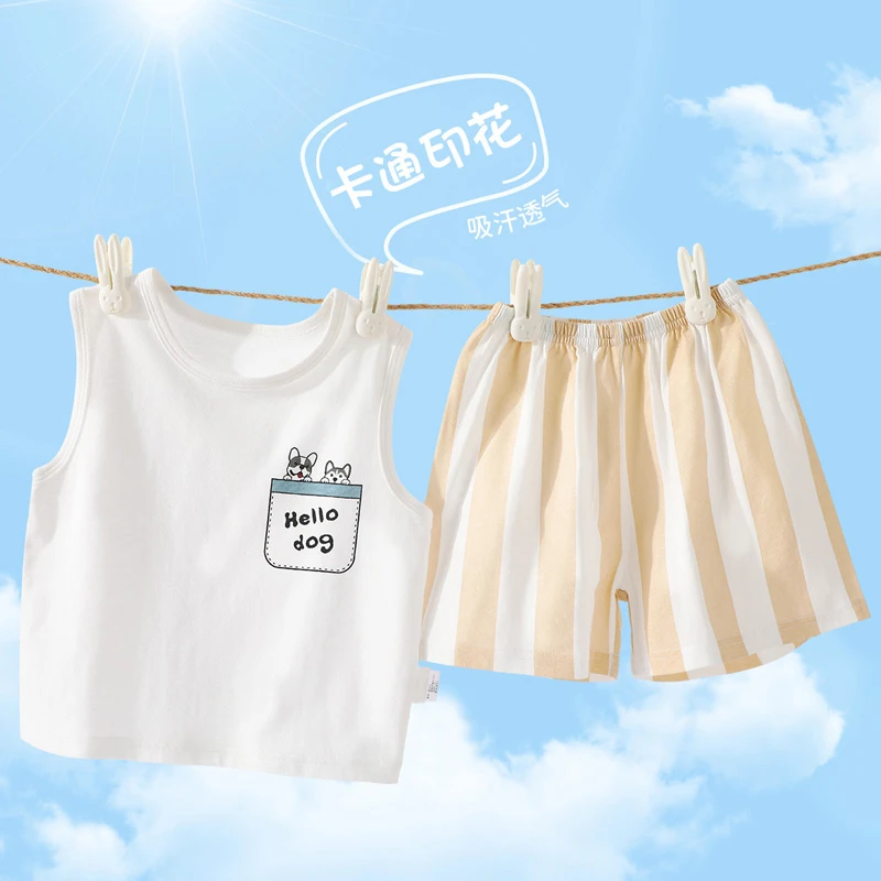 儿童A类纯棉夏季外穿无袖背心套装男童女童卡通装宝宝2025年新款