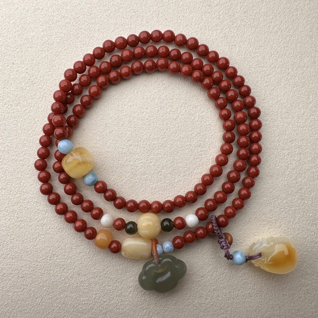 牛血红南红手链三圈满色满肉N043