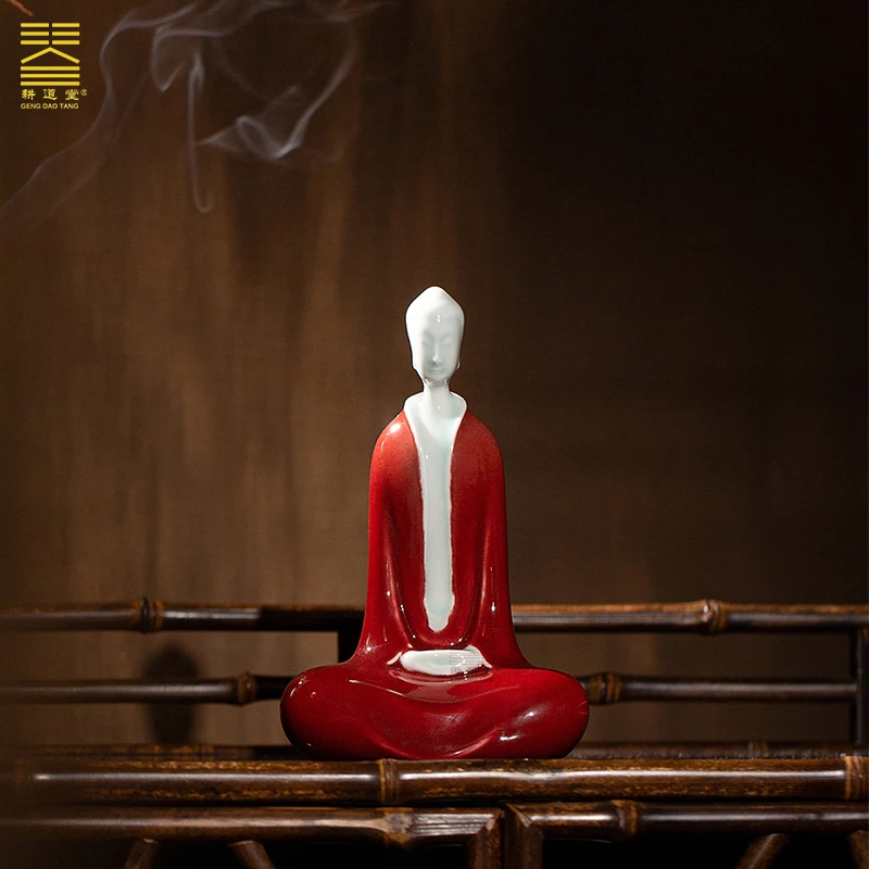 耕道堂霁红釉陶瓷-修行者坐像手工陶瓷玄关禅意书房中式摆件