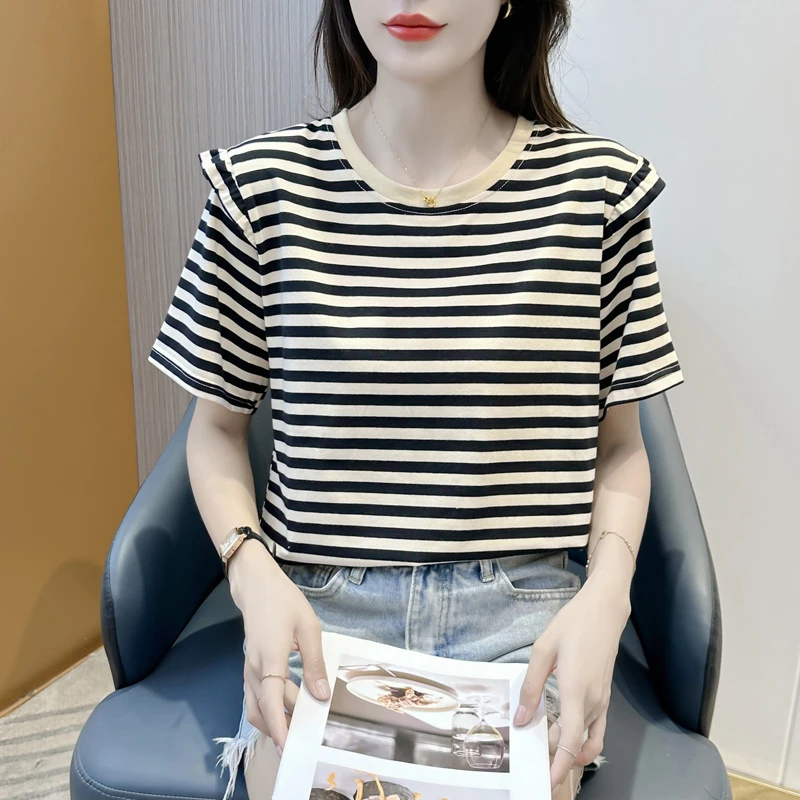 法式条纹圆领荷叶边短袖T恤女2025夏季新款设计感体恤上衣潮