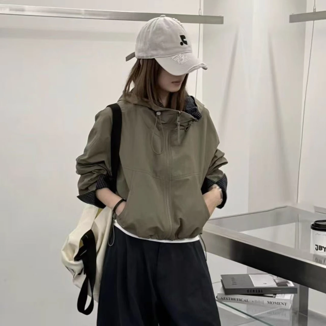 秋季新款韩版连帽拉链外套女长袖格子翻边休闲夹克上衣2559