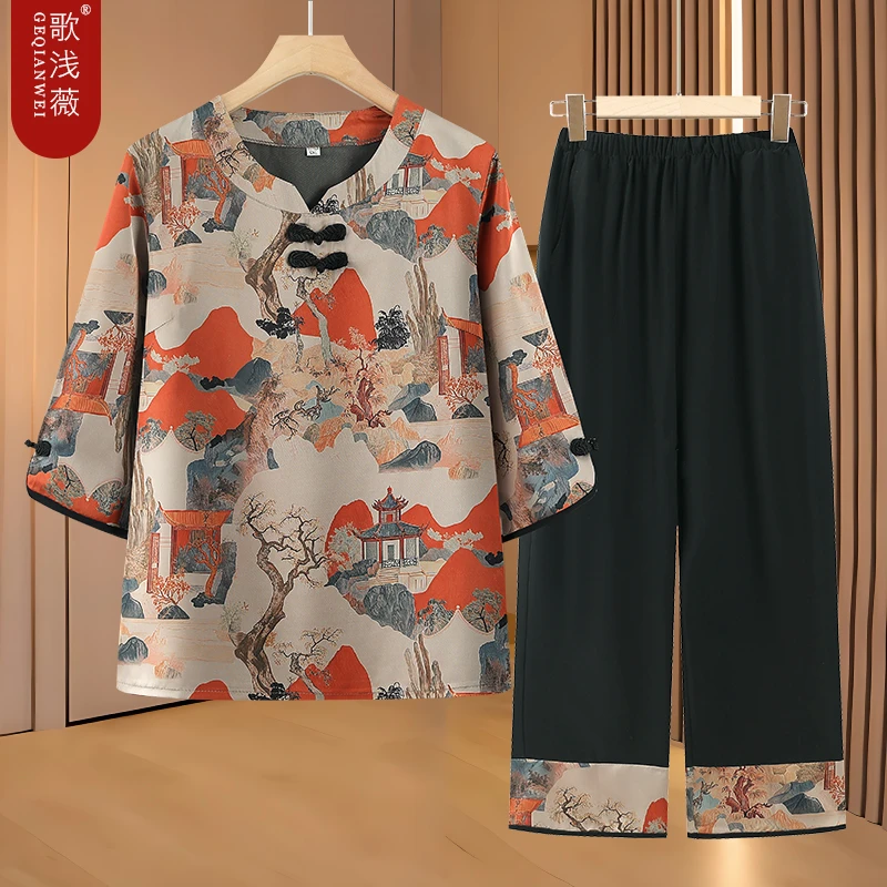 妈妈夏款新中式国风雪纺套装中老年女七分袖开衫阔太太唐装两件套