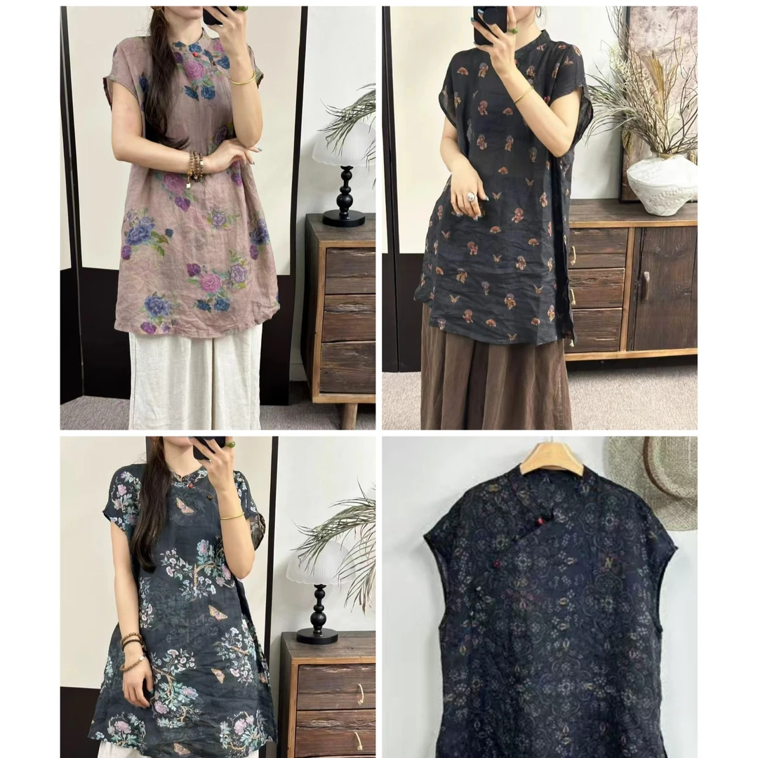 【布衣麻舍】7188花色苎麻琉璃珠扣小飞袖旗袍(衣长90,胸围110)