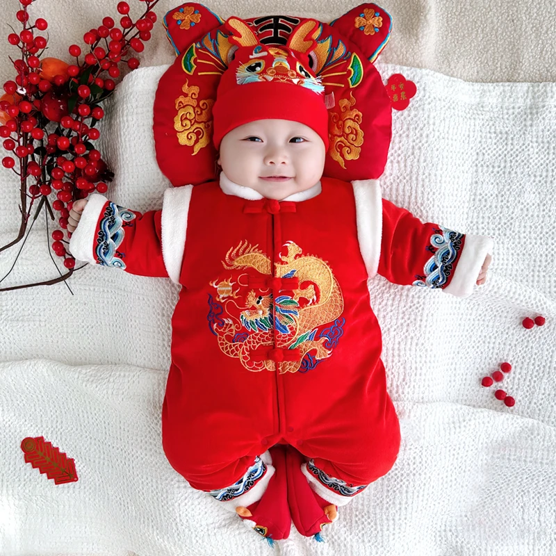 男女宝满月百天衣服婴儿连体衣夹棉保暖哈衣国风龙年拜年服6273