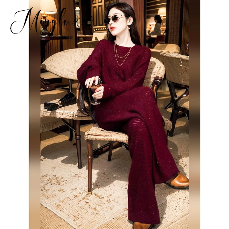 2025年秋冬宽松慵懒时尚松弛感酒红色高级感轻奢衫阔腿裤两件套女