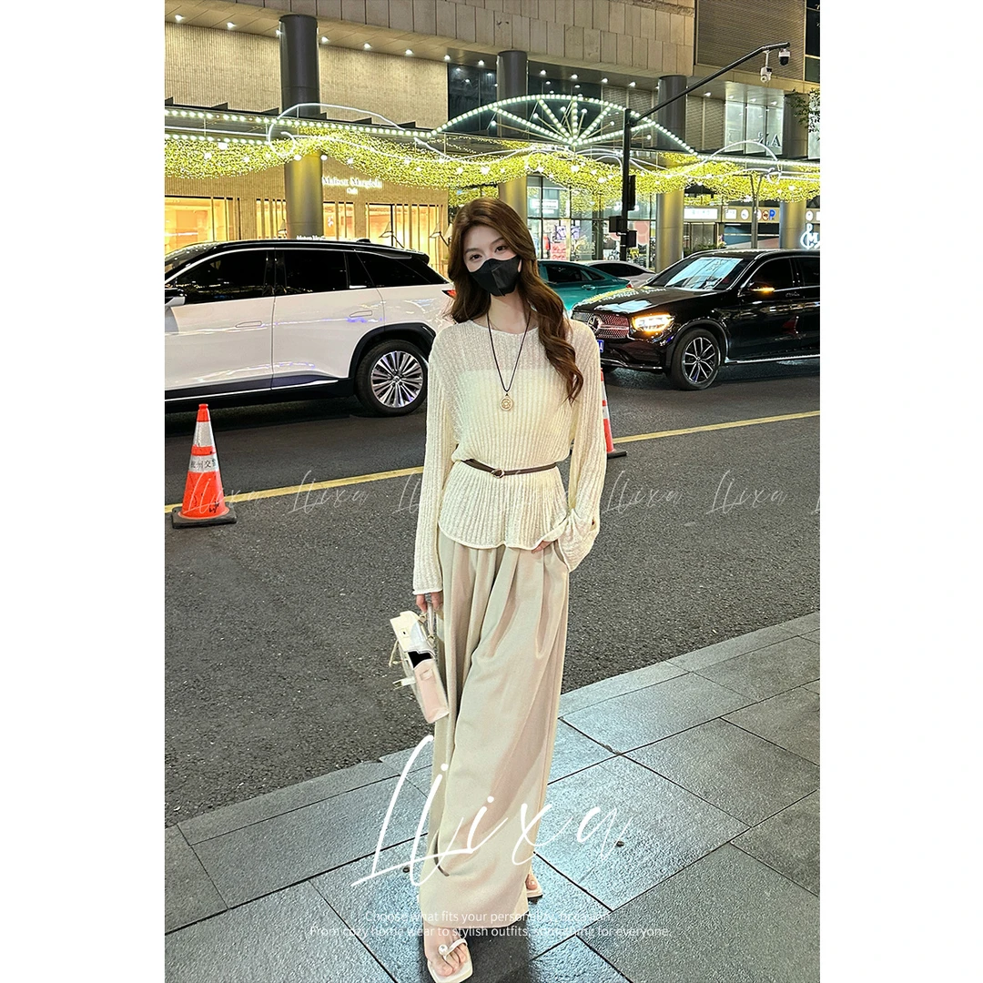 Liixu休闲时尚套装新款长袖针织罩衫叠穿美背腰带阔腿裤L51TZ199