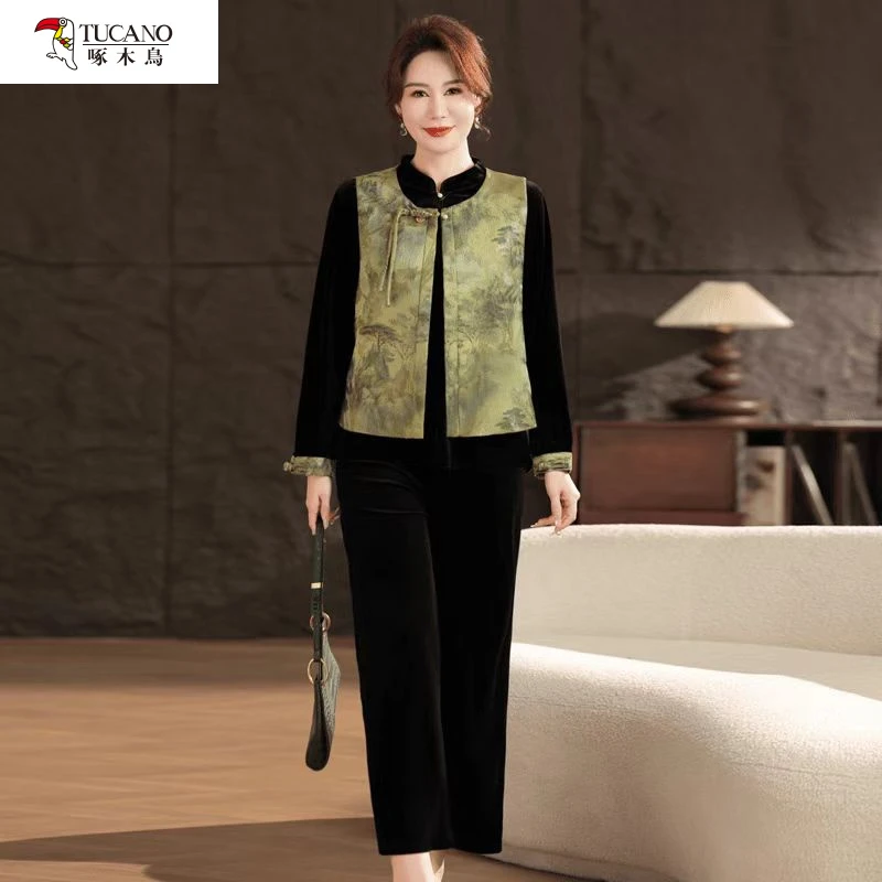 妈妈装春装阔太太气质时髦套装中老年人洋气国风新中式女装三件套