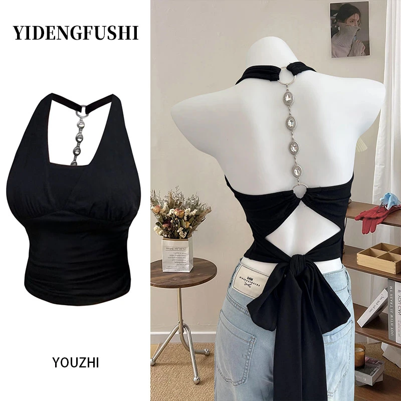 美背狙击挂脖绑带背心女外穿设计感露背修身无袖纯欲鱼骨辣妹上衣