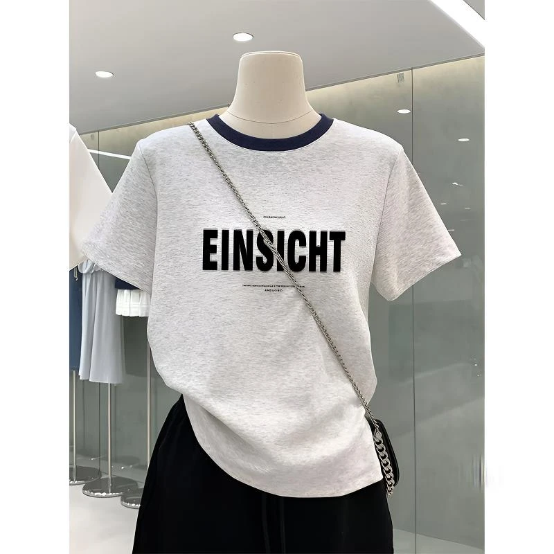 美式复古插色领短袖T恤女夏季女设计感正肩时尚百搭洋气上衣