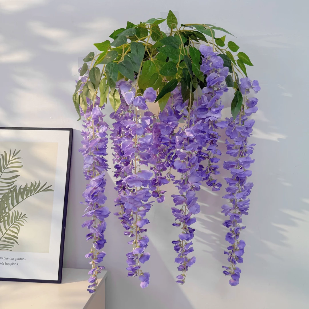 重瓣过胶紫藤花枝壁挂室内装饰婚庆吊顶垂吊假花植物墙户外造景
