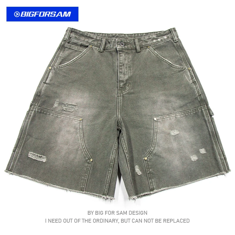 BIGFORSAM水洗做旧破洞猫须帆布伐木工装短裤美式重磅休闲五分裤