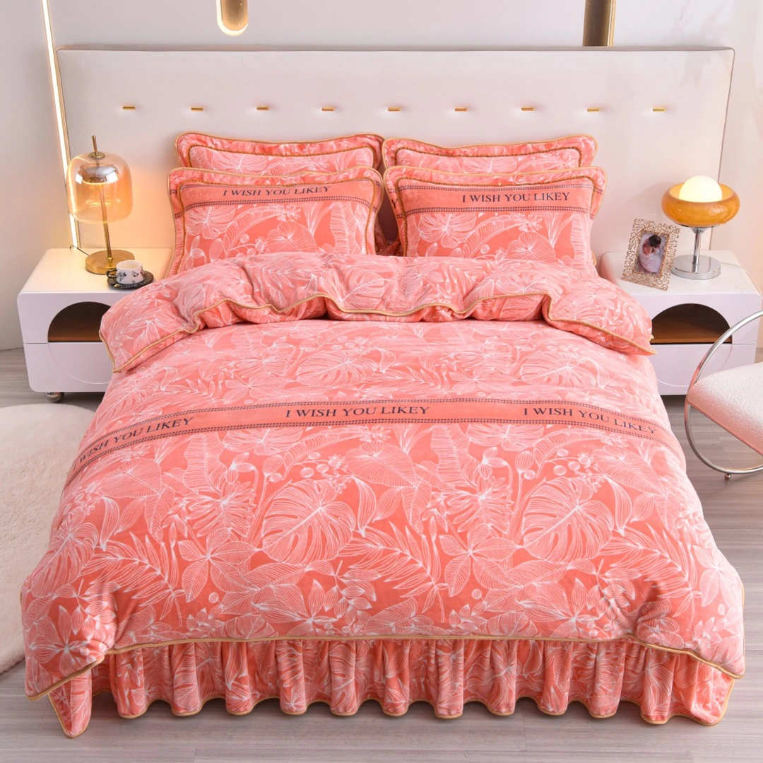 加厚保暖8-9斤高克重牛奶绒四件套床裙款 不掉毛不起静电不跑被