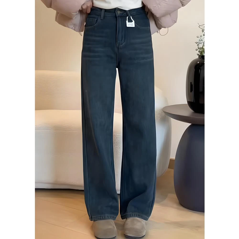 梨形身材蓝灰色直筒牛仔裤女秋冬加绒大冬季翻边加绒直筒弯刀裤