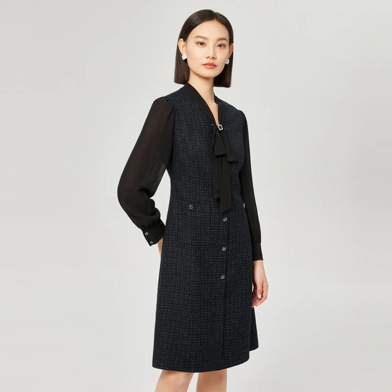 娜尔思V领长袖连衣裙女时尚气质2025年秋季新款裙子NF09204W0