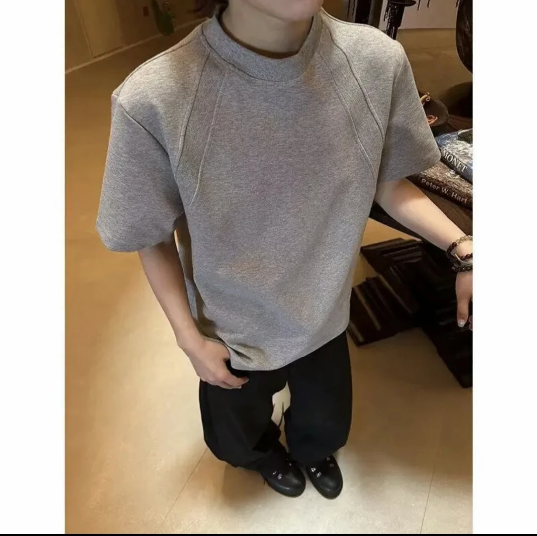 澳产氨纶太空棉拼接短袖T恤空气层抗皱boxy短宽硬挺重磅灰色短袖