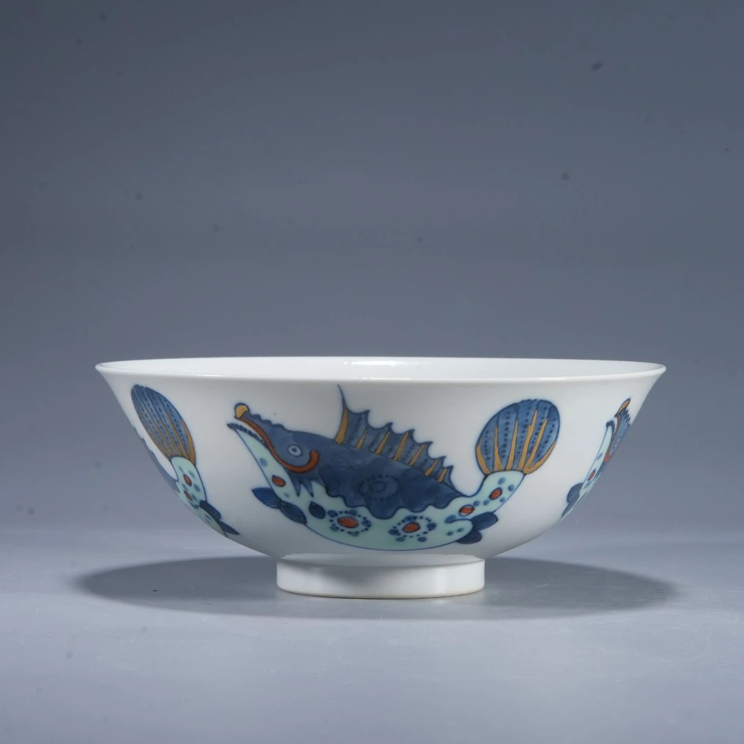h576/清康熙 青花五彩鱼藻纹碗【华豫之门甄选】