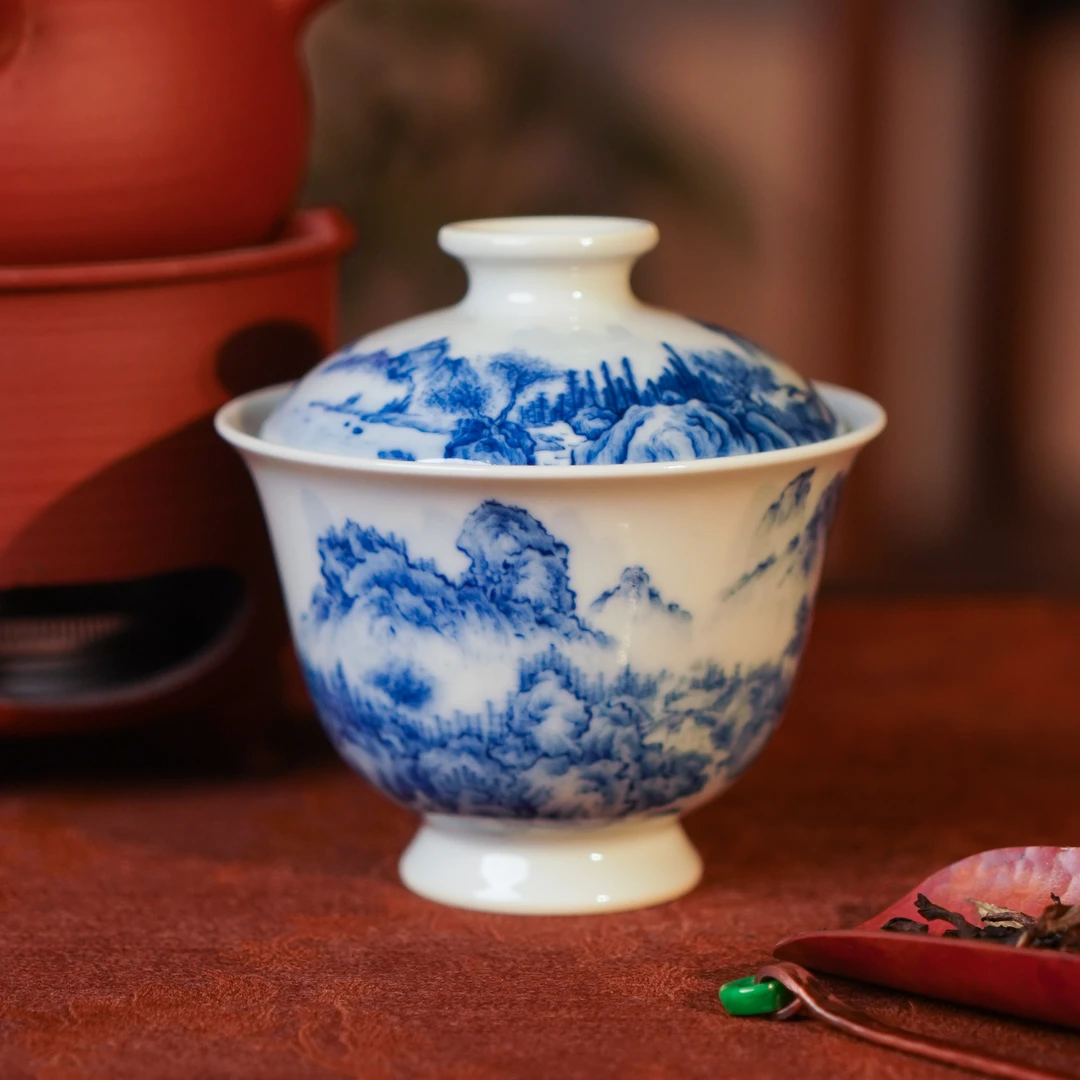 刘建锋窑山水盖碗青花瓷小盖碗陶瓷中式茶具茶瓷泡茶品茗白瓷茶具