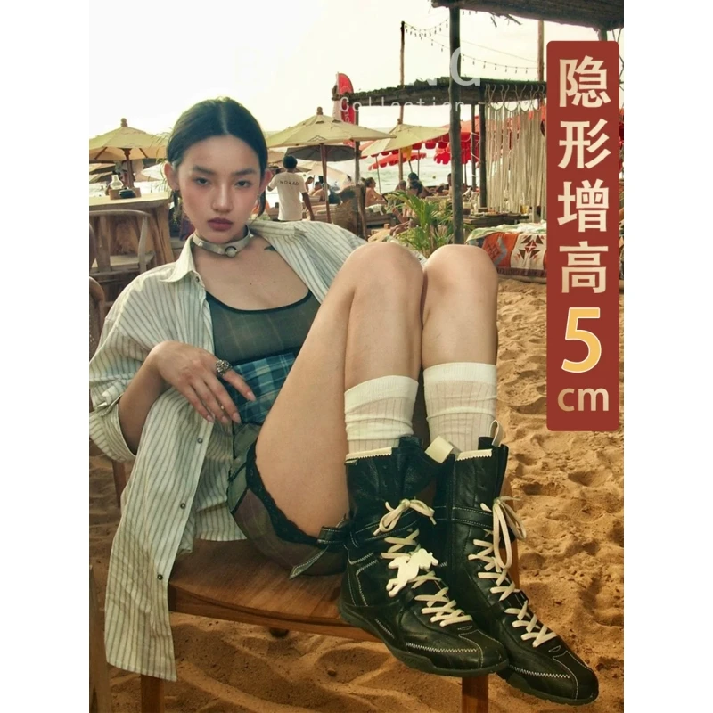 羊皮版~平底内增高马丁靴女2025春秋拳击靴磨砂皮系带短靴德训靴