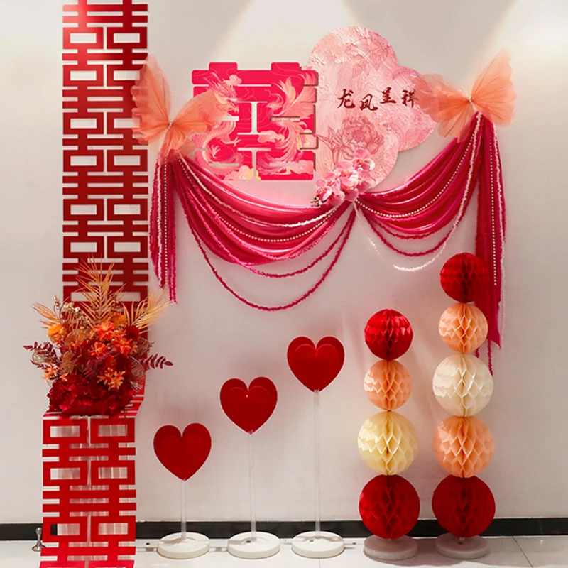婚礼氛围感粉色婚房布置喜字拉花KT板结婚卧室晨袍拍照背景墙装饰