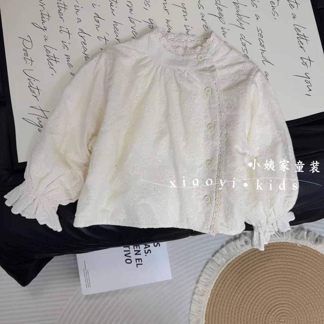现货！女童衬衫斜门襟高级感蕾丝刺绣上衣2025新款童装韩系百搭