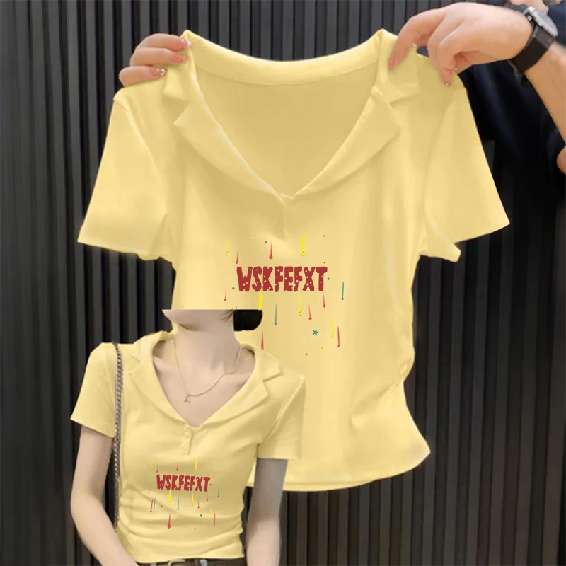 短袖t恤女正肩polo衫夏季修身V领纯色纯棉奶黄色短款圆弧下摆上衣
