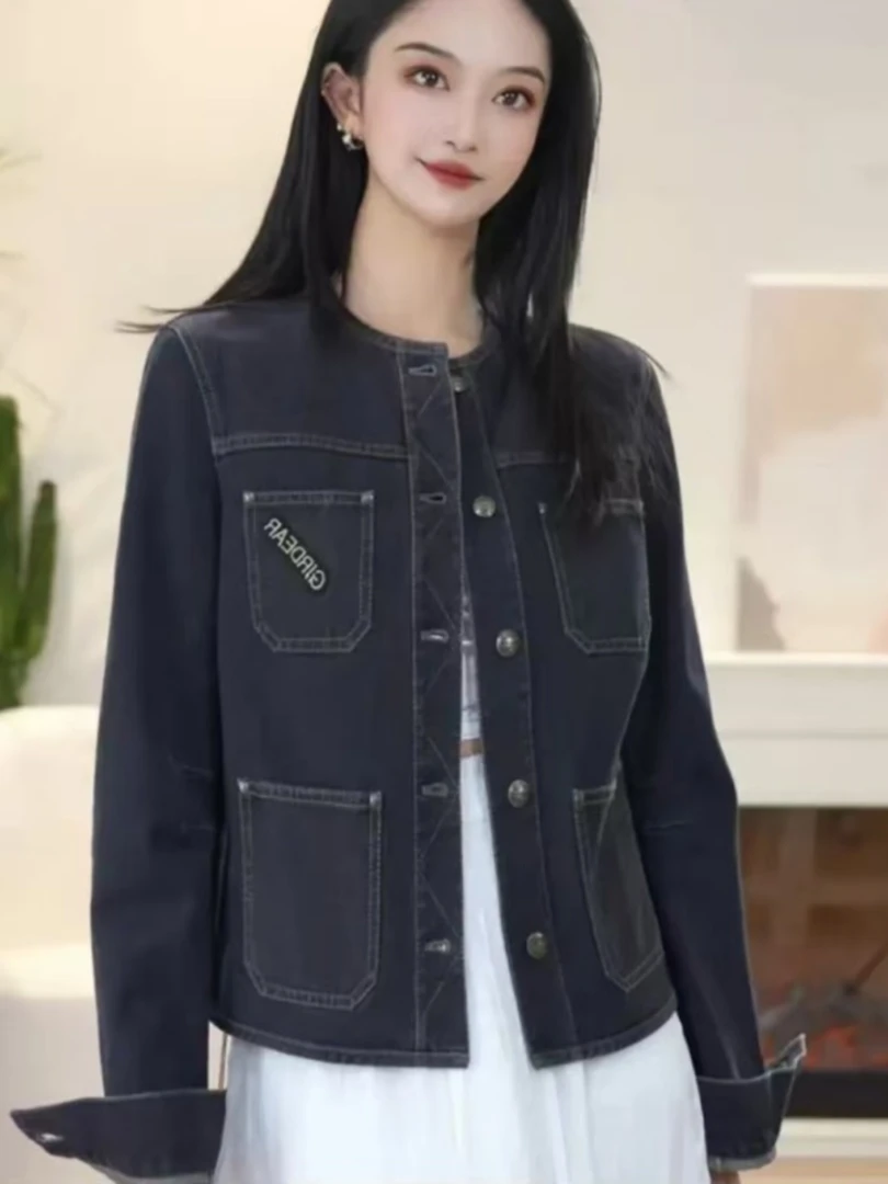 【AMSSGIRD】2025春秋新款时尚复古字母刺绣圆领百搭长袖牛仔外套女