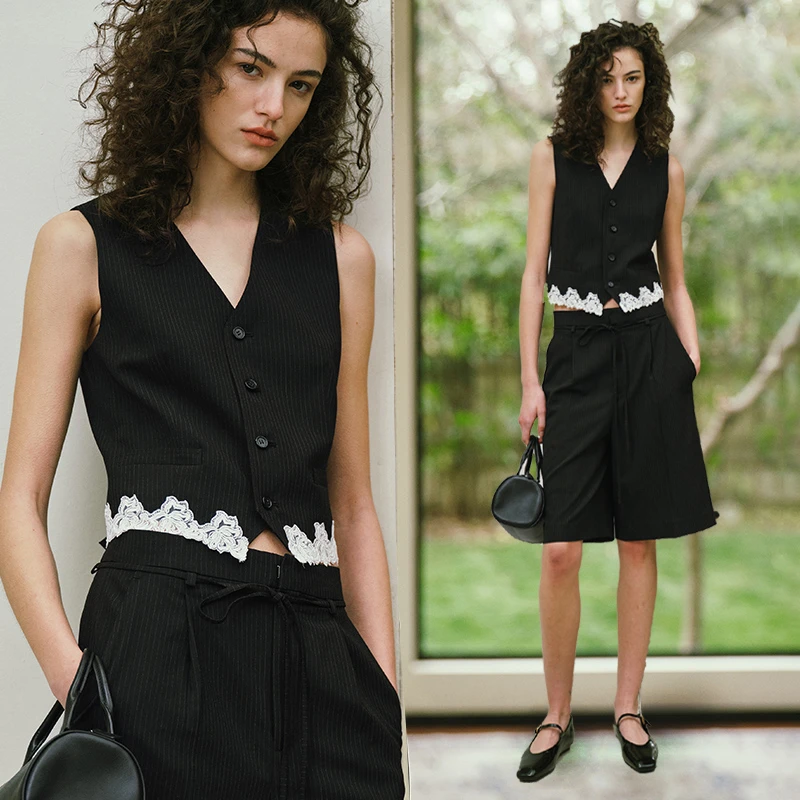 INYASAKO日本进口三醋酸铜氨蕾丝拼接西装马甲/百慕大短裤