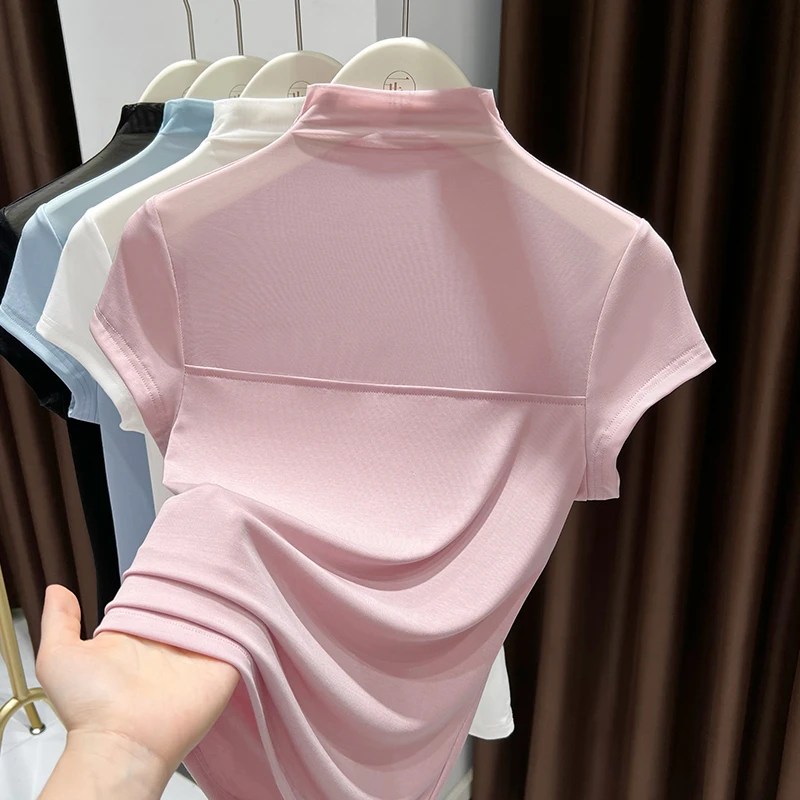 粉色立领修身短袖t恤ins2025新款夏季纯欲风减龄半截蕾丝气质上衣