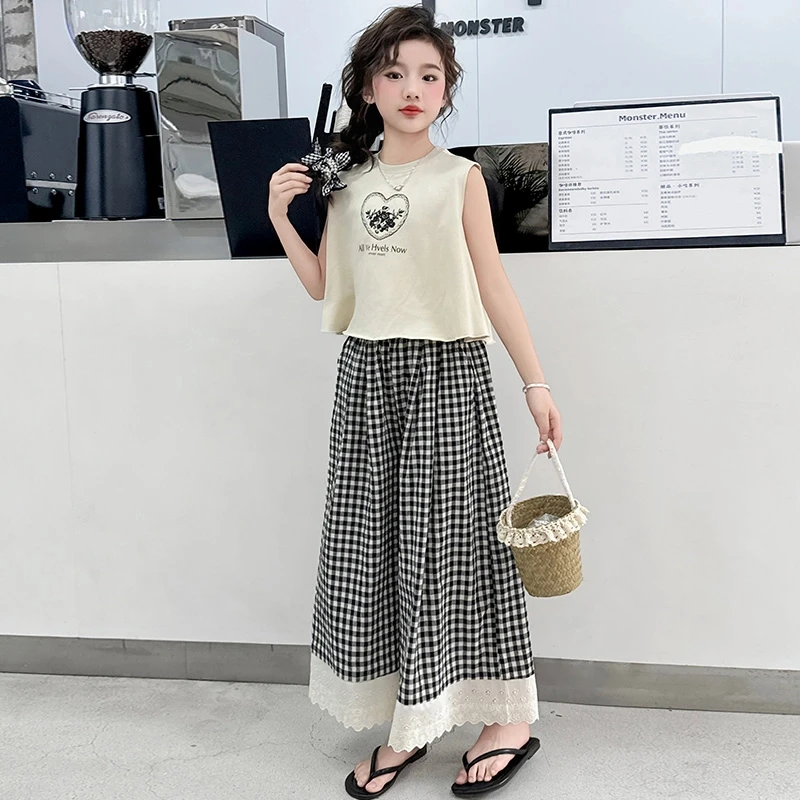 女童夏季套装2025新款韩版洋气儿童薄款无袖背心格子裤两件套童装